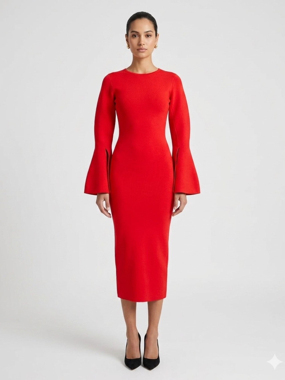 Fitted Red Long-Sleeve Midi Dress with Fluted Cuffs